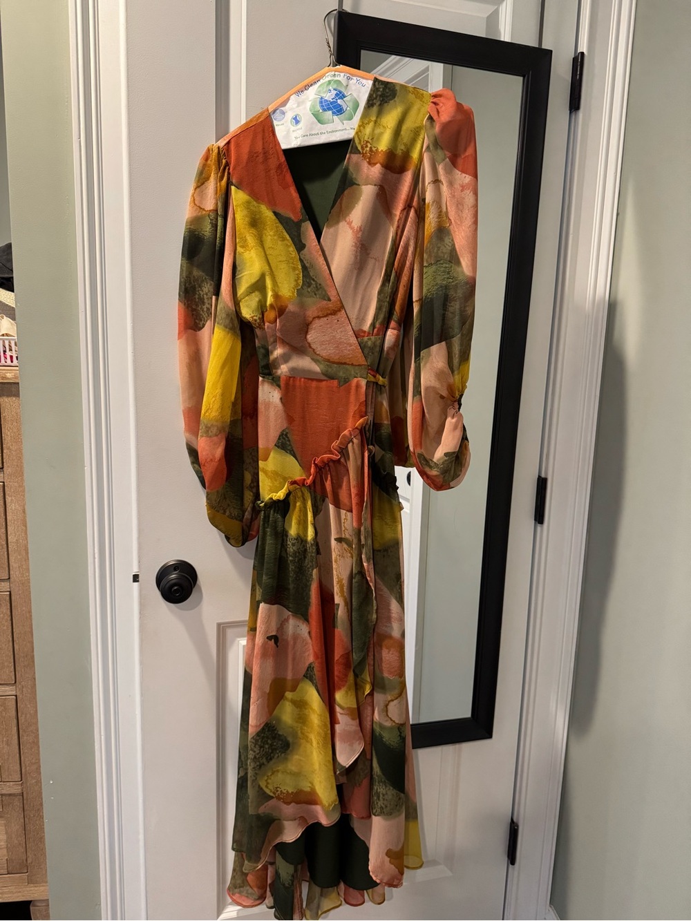 Anthropologie Abstract Wrap Dress — Orange, Yellow, Green, Pink, Cream
